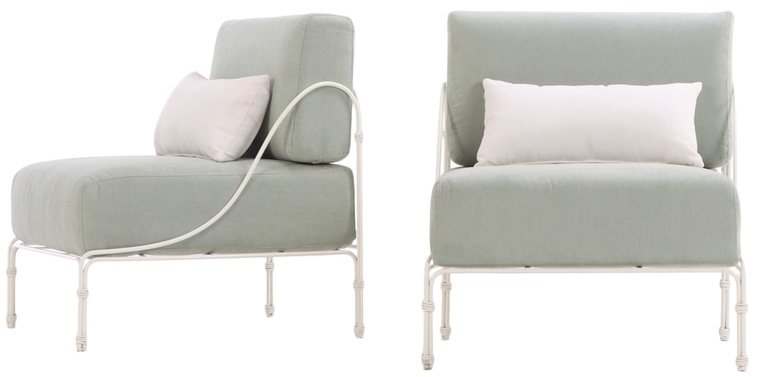 LARGE SCALE PAIR OF PAINTED IRON AND UPHOLSTERED LOUNGE CHAIRS. (1 of 6)