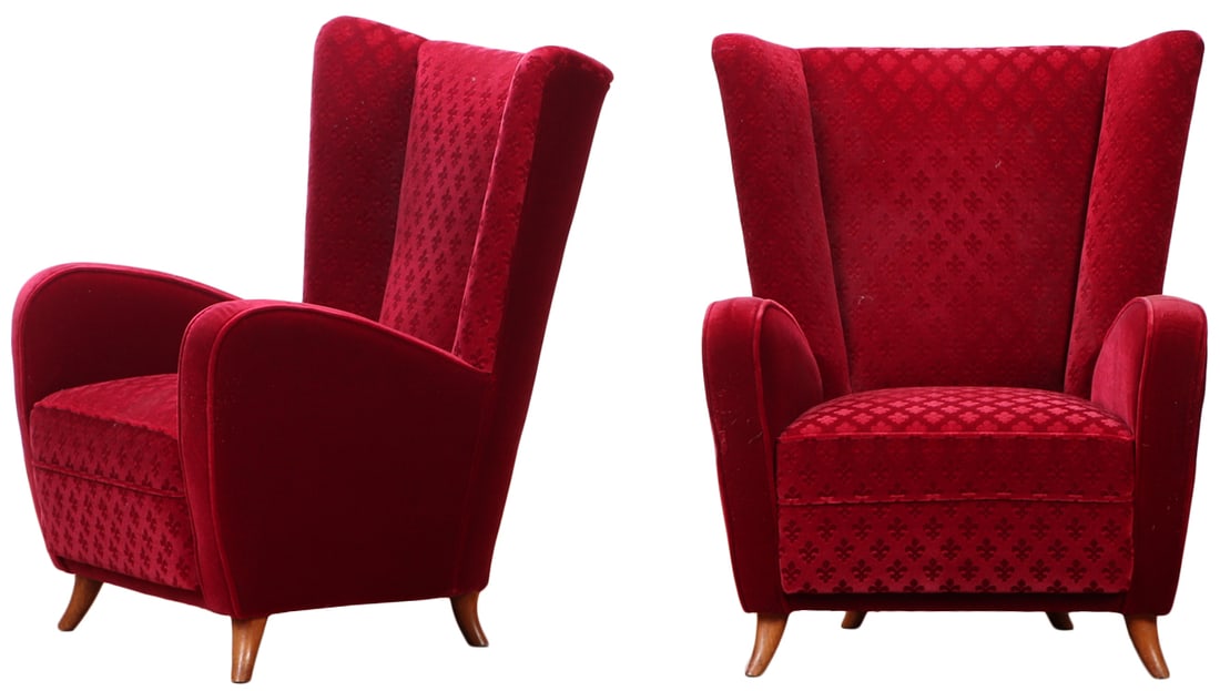 PAIR ITALIAN UPHOLSTERED LOUNGE CHAIRS IN THE MANNER OF PAOLO BUFFA C 1950. (1 of 7)