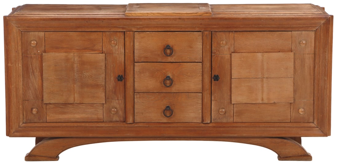 FRENCH OAK TWO DOOR SIDEBOARD WITH GEOMETRIC MOTIF IN THE MANNER OF CHARLES DUDOUYT C 1940. (1 of 8)