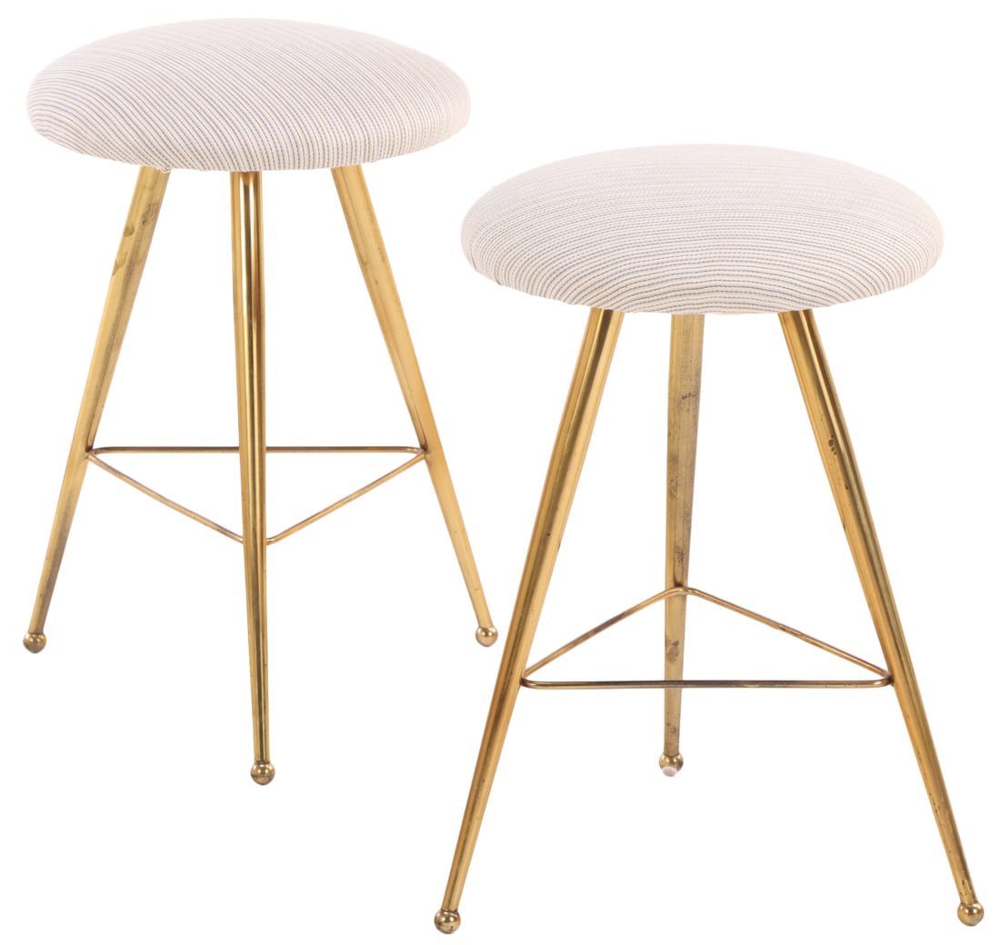 PAIR OF ITALIAN BRASS STOOLS IN THE MANNER OF GIO PONTI C 1950 WITH RECENT FABRIC.: Pair of Italian brass stools in the manner of Gio Ponti C 1950 with recent fabric. Ht: 16.5" Wd: 10.5" Dpth: 10.5"