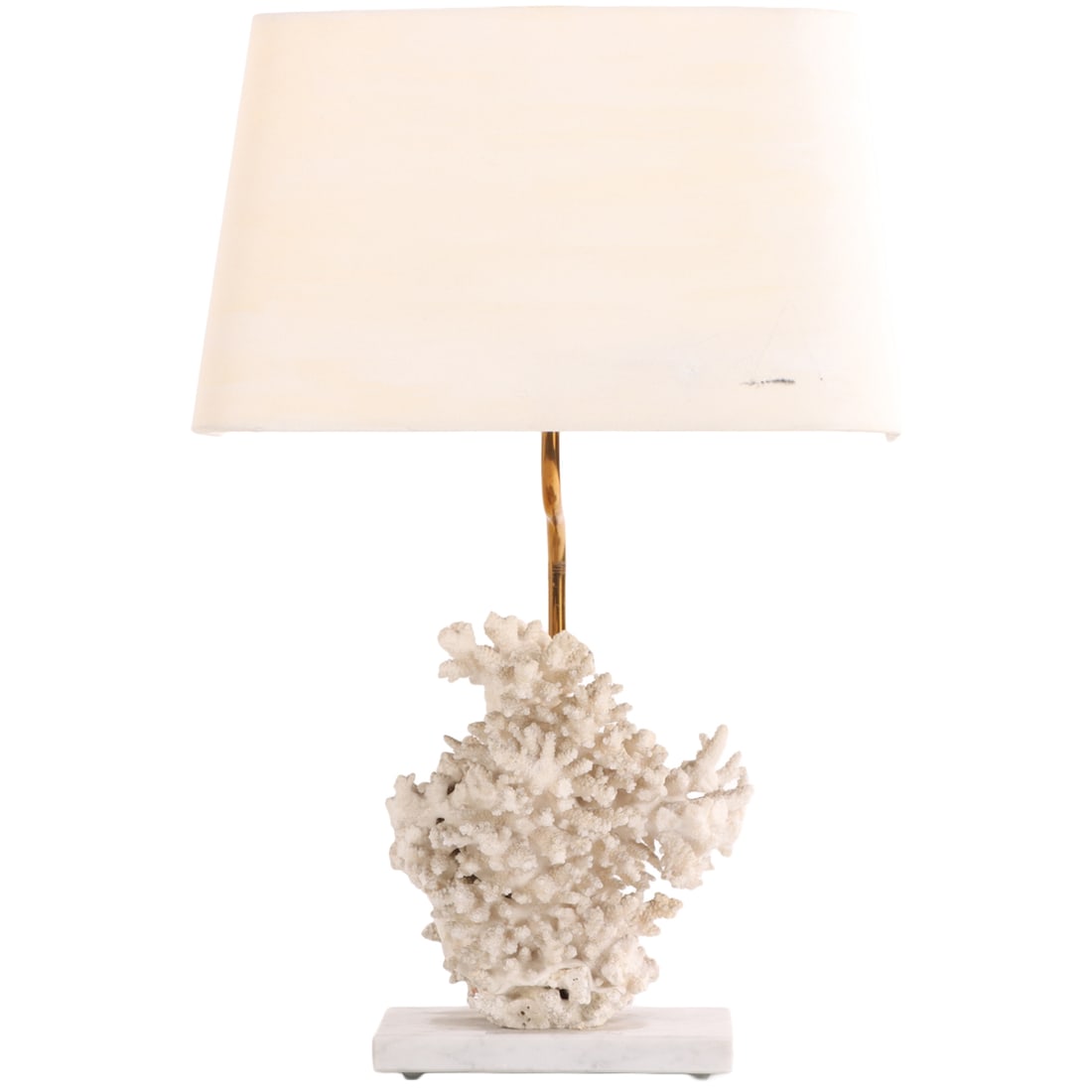 MID CENTURY MODERN WHITE CORAL TABLE LAMP HAVING MARBLE BASE AND ORIGINAL SHADE.: Mid Century Modern white coral table lamp having marble base and original shade. Ht: 20.75" Wd: 14" Dpth: 6.5"