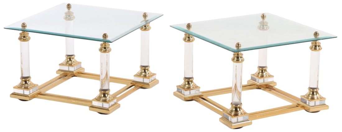 PAIR OF BRASS END TABLES HAVING LUCITE LEGS SUPPORTING GLASS TOPS C 1975.: Pair of brass end tables having lucite legs supporting glass tops C 1975. Ht: 17.5" Wd: 25.5" Dpth: 25.5"