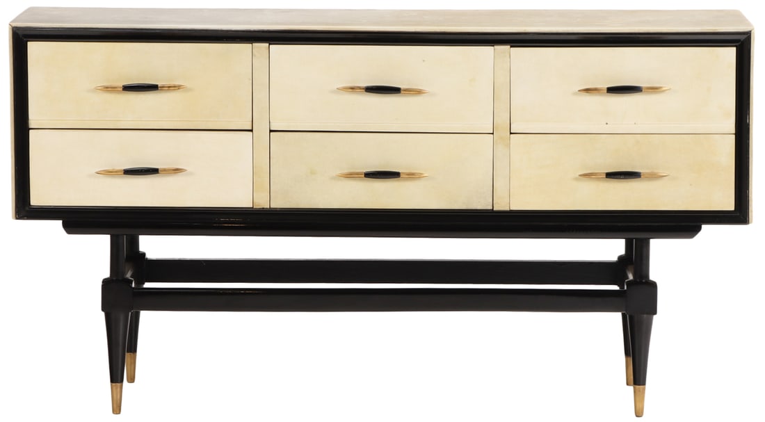 SIX DRAWER PARCHMENT COVERED DRESSER C 1955 RAISED ON AN EBONIZED WOOD BASE AND HAVING ELONGATED (1 of 6)