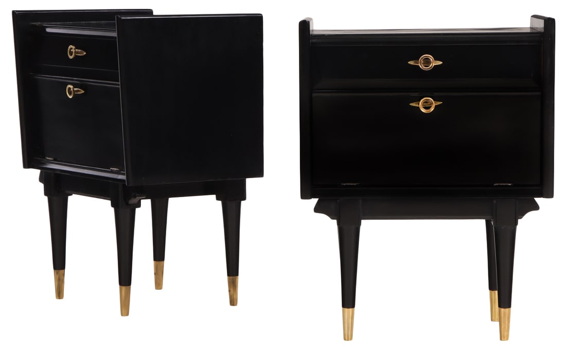 PAIR EBONIZED NIGHT STANDS C 1950 EACH HAVING A DRAWER OVER A FALL FRONT DOOR AND BRASS HARDWARE. (1 of 5)