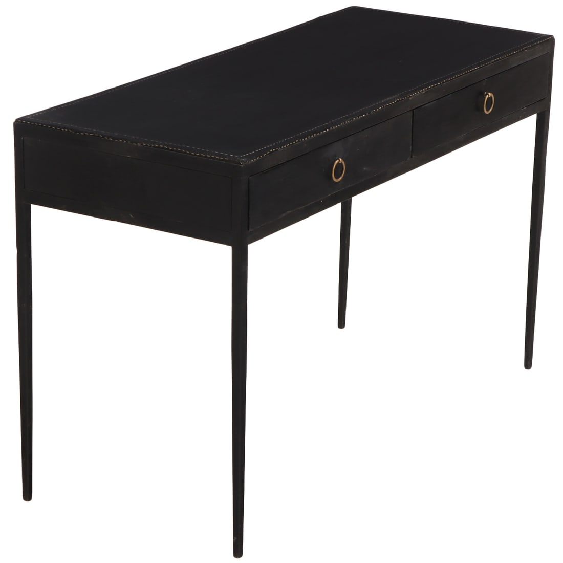 PAINTED IRON AND BLACK HAND STITCHED LEATHER WRITING DESK HAVING TWO DRAWERS IN THE MANNER OF (1 of 6)