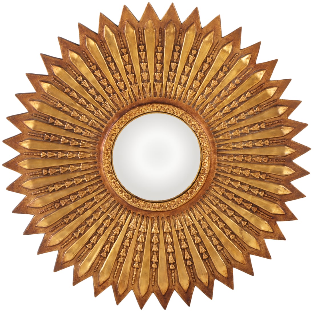 39" CARVED AND GILTWOOD SUN BURST MIRROR C 1965. (1 of 6)
