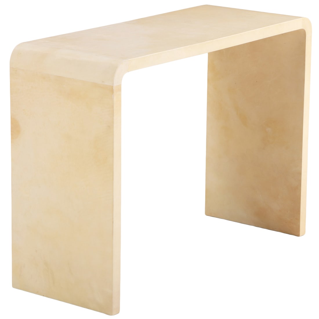 PARCHMENT COVERED CONSOLE TABLE IN THE MANNER OF JEAN-MICHEL FRANK HAVING WATERFALL EDGES. (1 of 5)