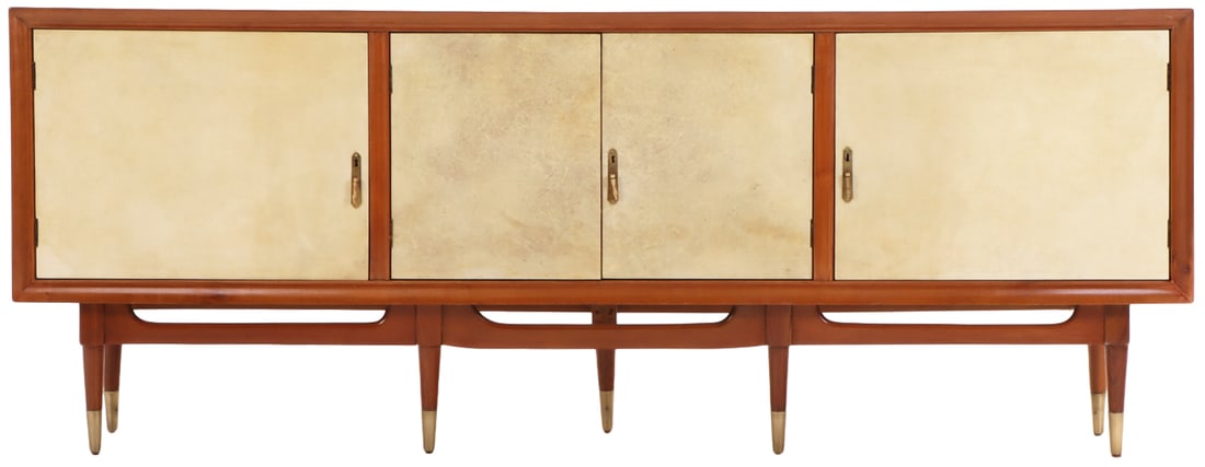 MAHOGANY SIDEBOARD HAVING FOUR PARCHMENT COVERED DOORS AND AN INTERIOR BANK OF DRAWERS C 1950. (1 of 6)