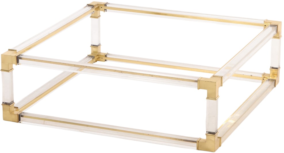 LARGE BRASS AND GLASS LUCITE COFFEE TABLE C 1970. LACKING GLASS.: Large brass and glass lucite coffee table C 1970. Lacking glass. No glass. Dimensions for glass- 47.25" x 47.25". Ht: 16.25" Wd: 51.5" Dpth: 51.5"