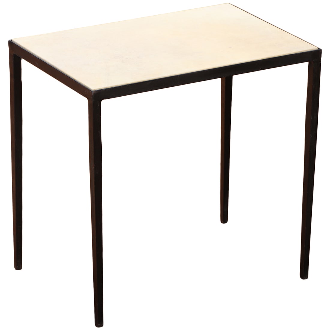 IRON AND PARCHMENT COVERED END TABLE IN THE MANNER OF JEAN-MICHEL FRANK. (1 of 5)