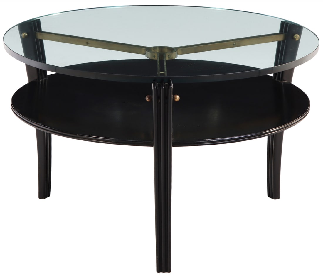 EBONIZED WOOD AND BRONZE COFFEE TABLE HAVING A THICK GLASS TOP C 1960. (1 of 8)
