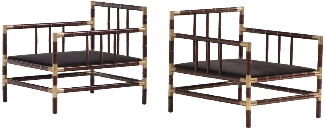 PAIR TURNED WOOD FAUX BAMBOO BRASS MOUNTED OPEN ARM CHAIRS IN THE MANNER OF BILLY HAINES C 1970.: Pair turned wood faux bamboo brass mounted open arm chairs in the manner of Billy Haines C 1970. Ht: 26" Wd: 25.25" Dpth: 29" Seat: 12"