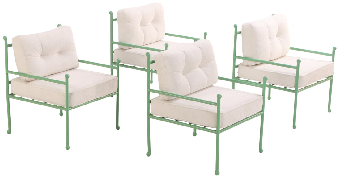 FOUR PAINTED IRON ARM CHAIRS WITH LOOSE CUSHIONS IN A BOUCLE TYPE FABRIC. (1 of 7)