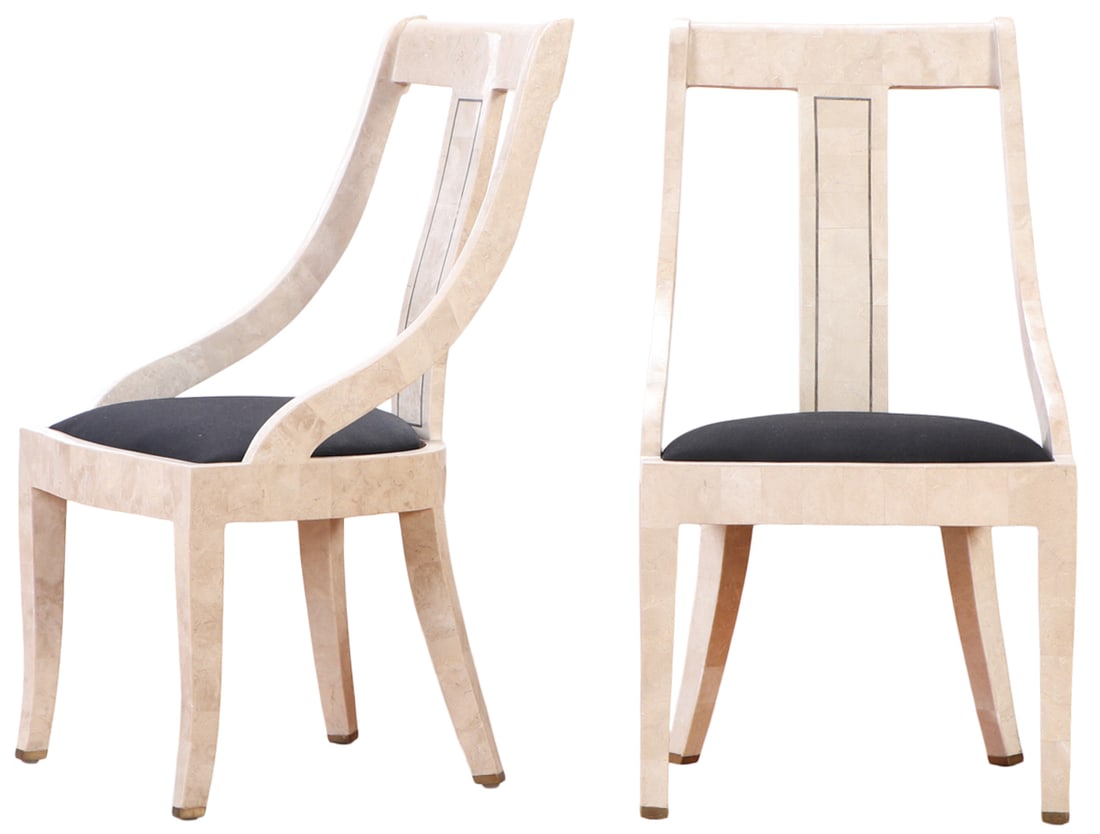 PAIR TESSELLATED MARBLE GONDOLA FORM SIDE CHAIRS C 1985.: Pair tessellated marble gondola form side chairs C 1985. Ht: 36.25" Wd: 16.5" Dpth: 22.25" Seat: 17.5"