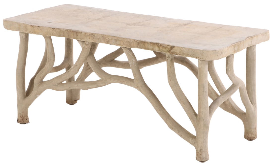 A MODERN CAST STONE FAUX BOIS TABLE OR BENCH. (1 of 4)