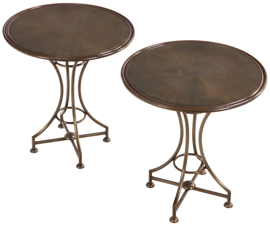 PAIR OF ROUND IRON OCCASIONAL TABLES HAVING A FAUX TORTOISE FINISH. (1 of 5)