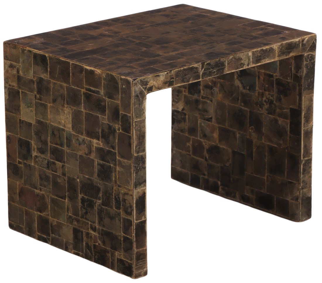 A MICA COVERED COFFEE OR END TABLE IN THE STYLE OF JEAN MICHEL FRANK. (1 of 4)
