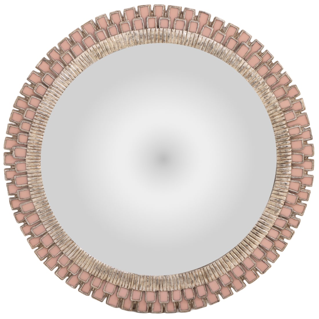 A LARGE LINE VAUTRIN STYLE MIRROR HAVING LAYERED PINK GLASS BORDER.: A large Line Vautrin style mirror having layered pink glass border. Ht: 30.25" Wd: 30.25" Dpth: 2"