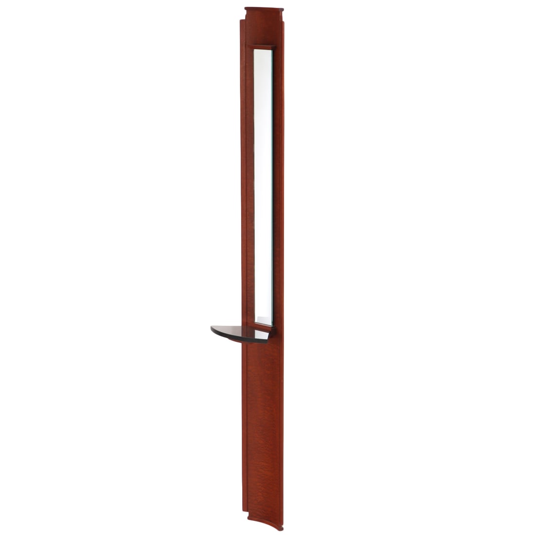 A LARGE CUSTOM MADE AMBOYNA WOOD STANDING MIRROR HAVING A SINGLE STONE SHELF.: A large custom made amboyna wood standing mirror having a single stone shelf. Ht: 80" Wd: 13.25" Dpth: 9.5"