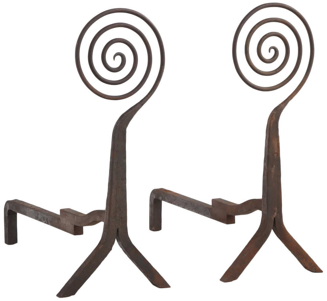 PAIR WROUGHT IRON ANDIRONS WITH SWIRL PATTERN. (1 of 5)