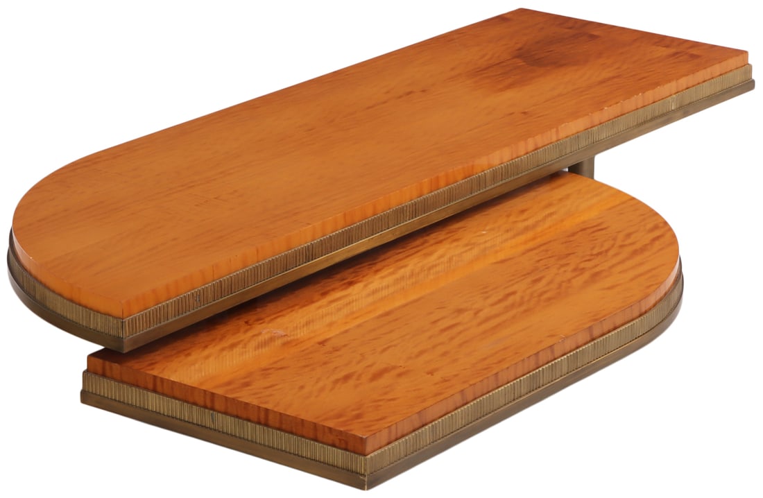 TWO MID CENTURY MODERN SAPELE WOOD PARTIALLY NESTING TABLES HAVING HEAVY BRONZE TRIM AND LEGS: Two mid century modern sapele wood partially nesting tables having heavy bronze trim and legs circa 1960. Lower table- Ht: 5.25", Wd: 50.25", Dpth: 23". Ht: 9.25" Wd: 74.25" Dpth: 23"