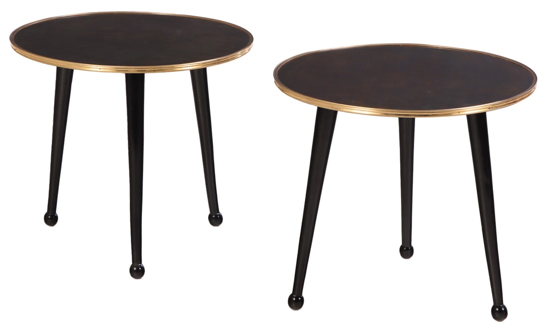 PAIR ROUND DRINKS TABLES WITH BRASS BOUND TOPS RESTING ON BALL FEET IN THE MANNER OF ROYERE. (1 of 4)