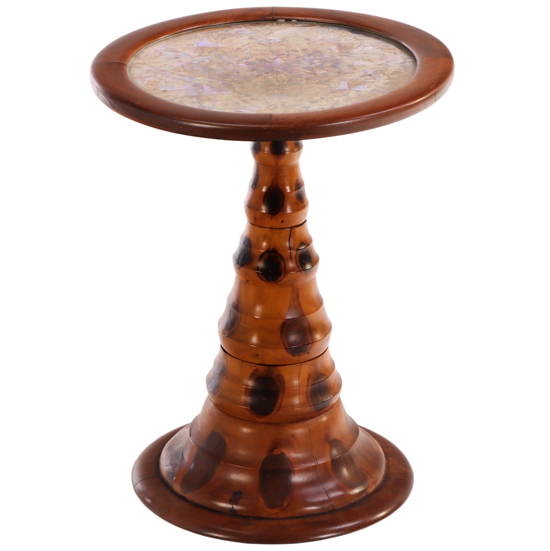 ROUND TABLE RESTING ON TRUMPET BASE MADE OF EXOTIC WOOD AND HAVING A TOP OF BUTTERFLIES UNDER GLASS. (1 of 5)