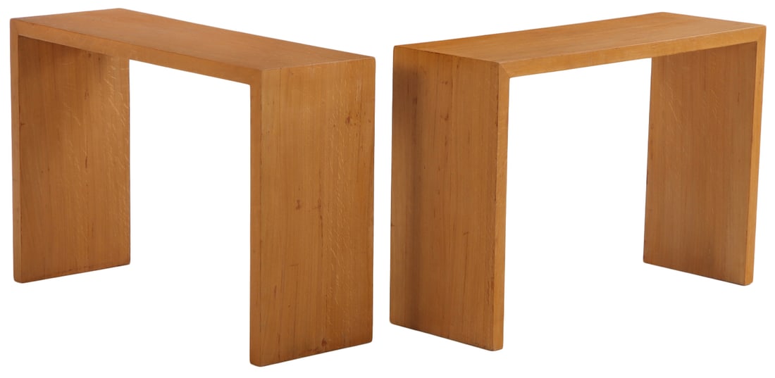 A PAIR OF OAK CONSOLE TABLES IN THE MANNER OF JEAN-MICHEL FRANK. (1 of 5)