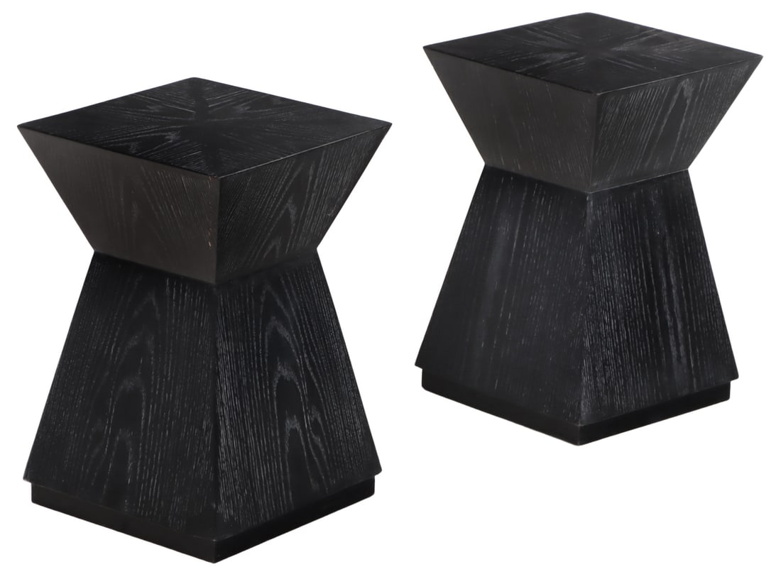 PAIR DARK CERUSED OAK SCULPTURAL DRINKS TABLES. (1 of 3)