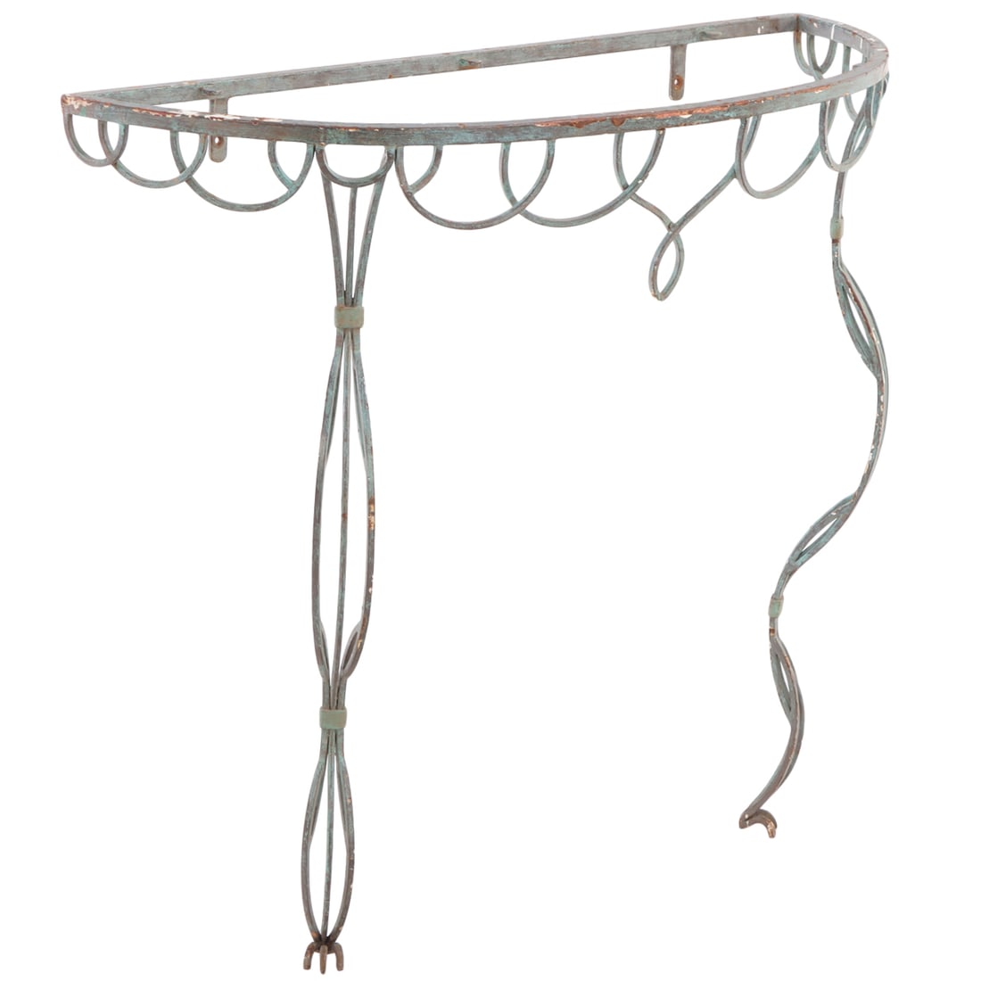 FRENCH IRON CONSOLE TABLE ATTRIBUTED TO RENE DROUET C 1945. LACKING A MIRRORED TOP.: French iron console table attributed to Rene Drouet C 1945. Lacking a mirrored top. Ht: 32" Wd: 37.25" Dpth: 13"