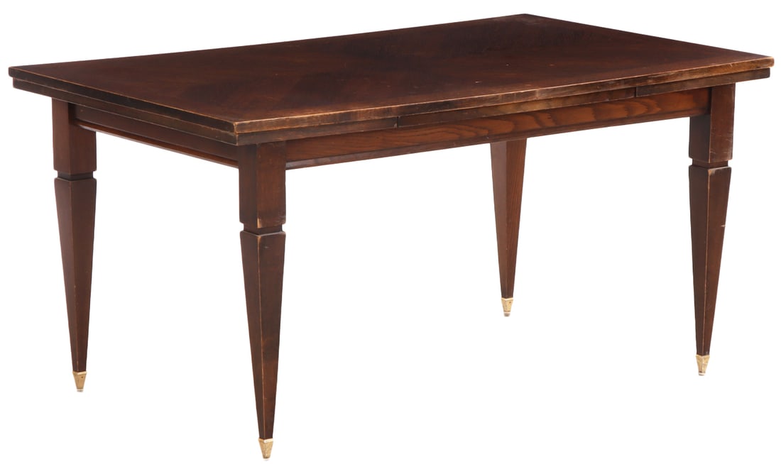 FRENCH OAK ART DECO DINING TABLE IN THE MANNER OF CHARLES DUDOUYT HAVING TWO PULL OUT LEAVES C 1940. (1 of 6)
