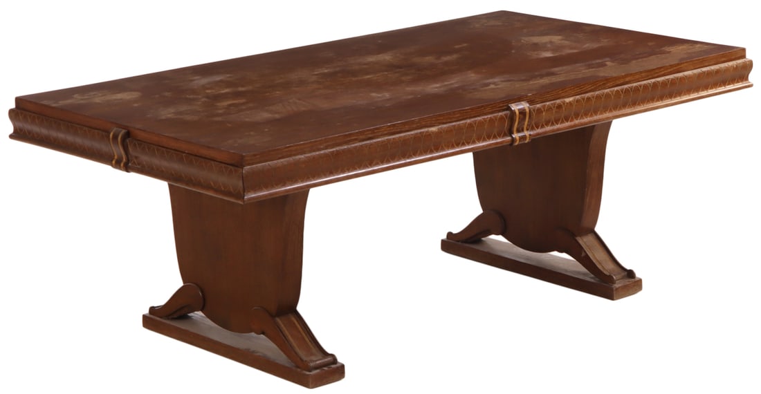 FRENCH CERUSED OAK DINING TABLE HAVING TWO ORIGINAL LEAVES C 1940. (1 of 7)