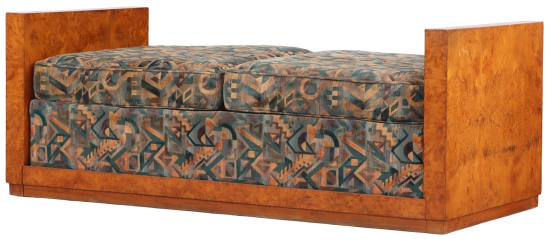 QUALITY FRENCH ART DECO BURL WOOD DAYBED OR SOFA C 1935 HAVING APPROPRIATE FABRIC. ENSUITE WITH (1 of 5)