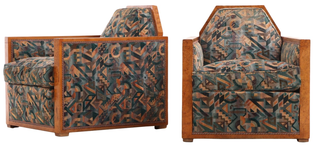 QUALITY PAIR OF FRENCH BURL WOOD ART DECO LOUNGE CHAIRS C 1935 HAVING TRAPEZOID DESIGN AND (1 of 5)