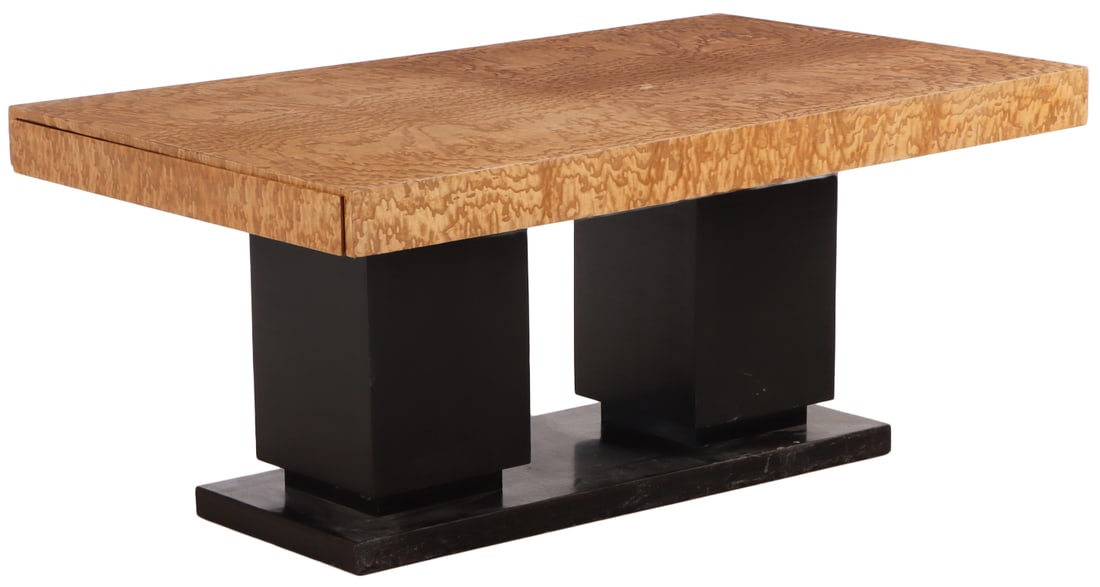 ART DECO FIGURED ELM AND EBONIZED WOOD DINING TABLE WITH TWO LEAVES. (1 of 6)