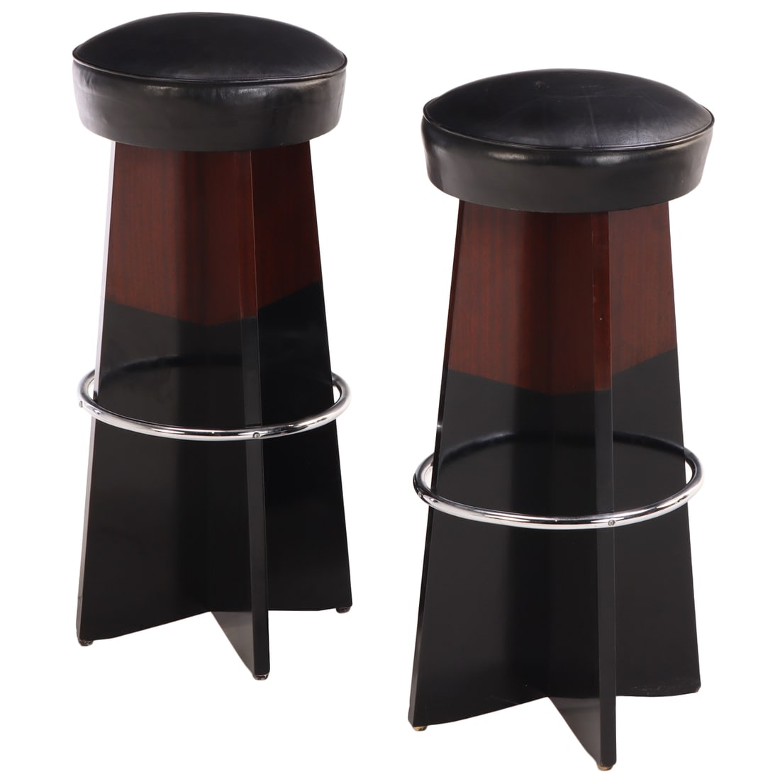 PAIR OF FRENCH RIBBON MAHOGANY AND PARTIAL EBONIZED BAR STOOLS HAVING CHROME FOOT REST AND (1 of 5)