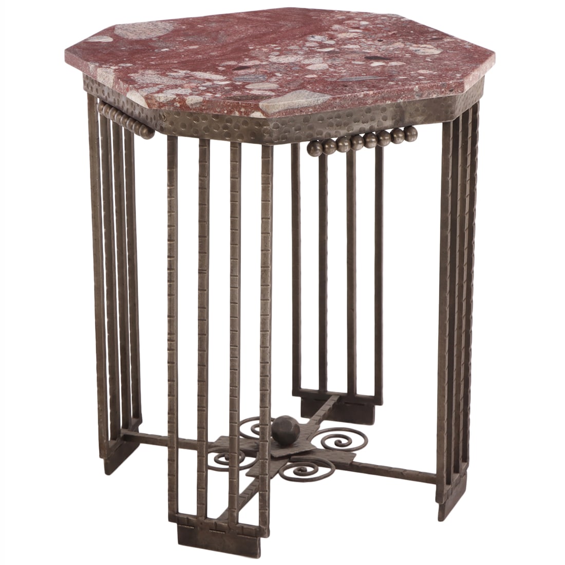 ART DECO STYLE WROUGHT IRON OCCASIONAL TABLE HAVING A BEAUTIFULL MARBLE TOP. (1 of 5)