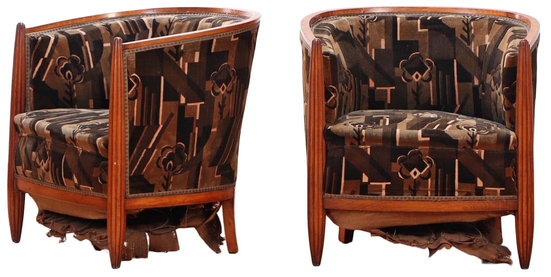 PAIR FRENCH ART DECO TUB CHAIRS WITH APPROPRIATE FABRIC C 1935. (1 of 8)