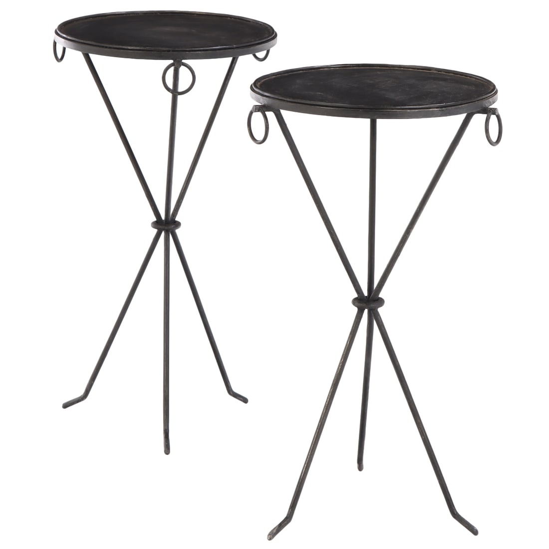 PAIR OF PAINTED IRON DRINKS TABLES WITH RING DECORATION IN THE MANNER OF JEAN-MICHEL FRANK. (1 of 4)