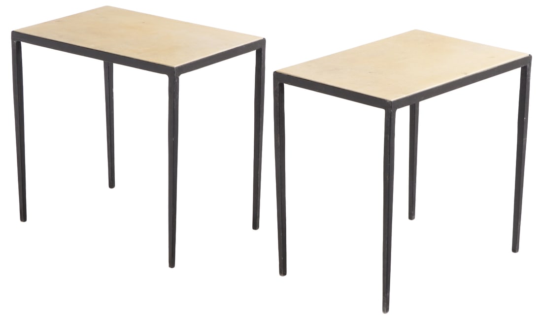 PAIR OF PAINTED IRON AND PARCHMENT END TABLES IN THE MANNER OF JEAN-MICHEL FRANK. (1 of 4)