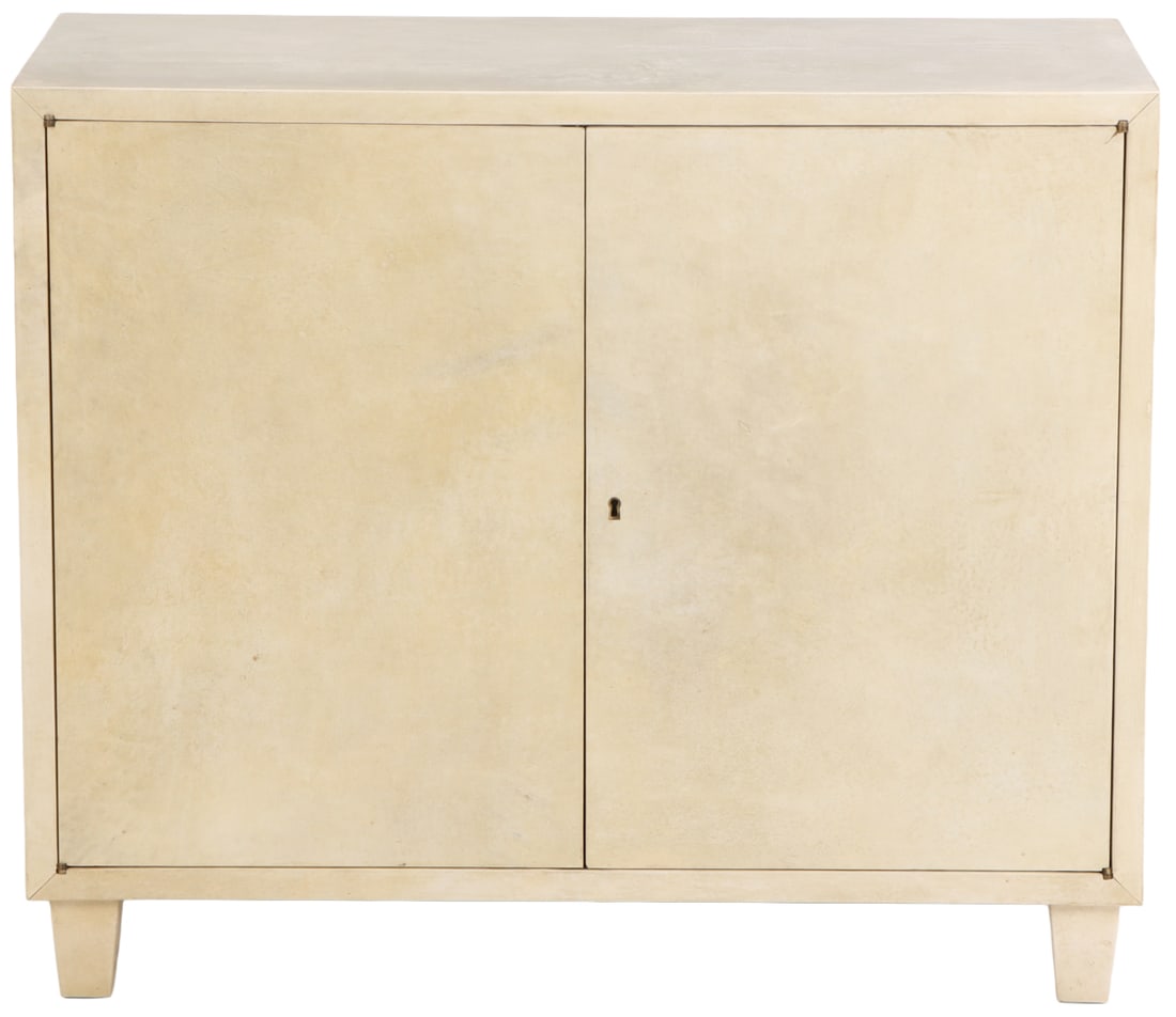 PARCHMENT COVERED CABINET WITH ADJUSTABLE SHELVES C 1950. (1 of 5)