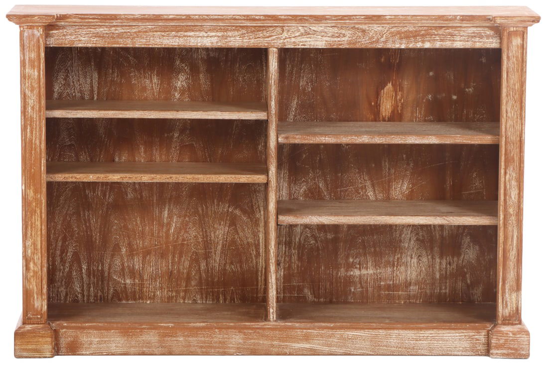 OPEN BOOKCASE MADE FROM CERUSED OAK HAVING ADJUSTABLE SHELVES C 1945. (1 of 5)