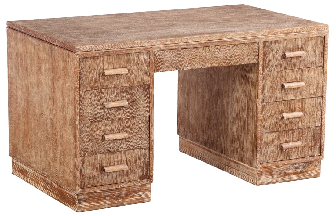 FRENCH CERUSED OAK DOUBLE PEDESTAL DESK C 1940. (1 of 6)