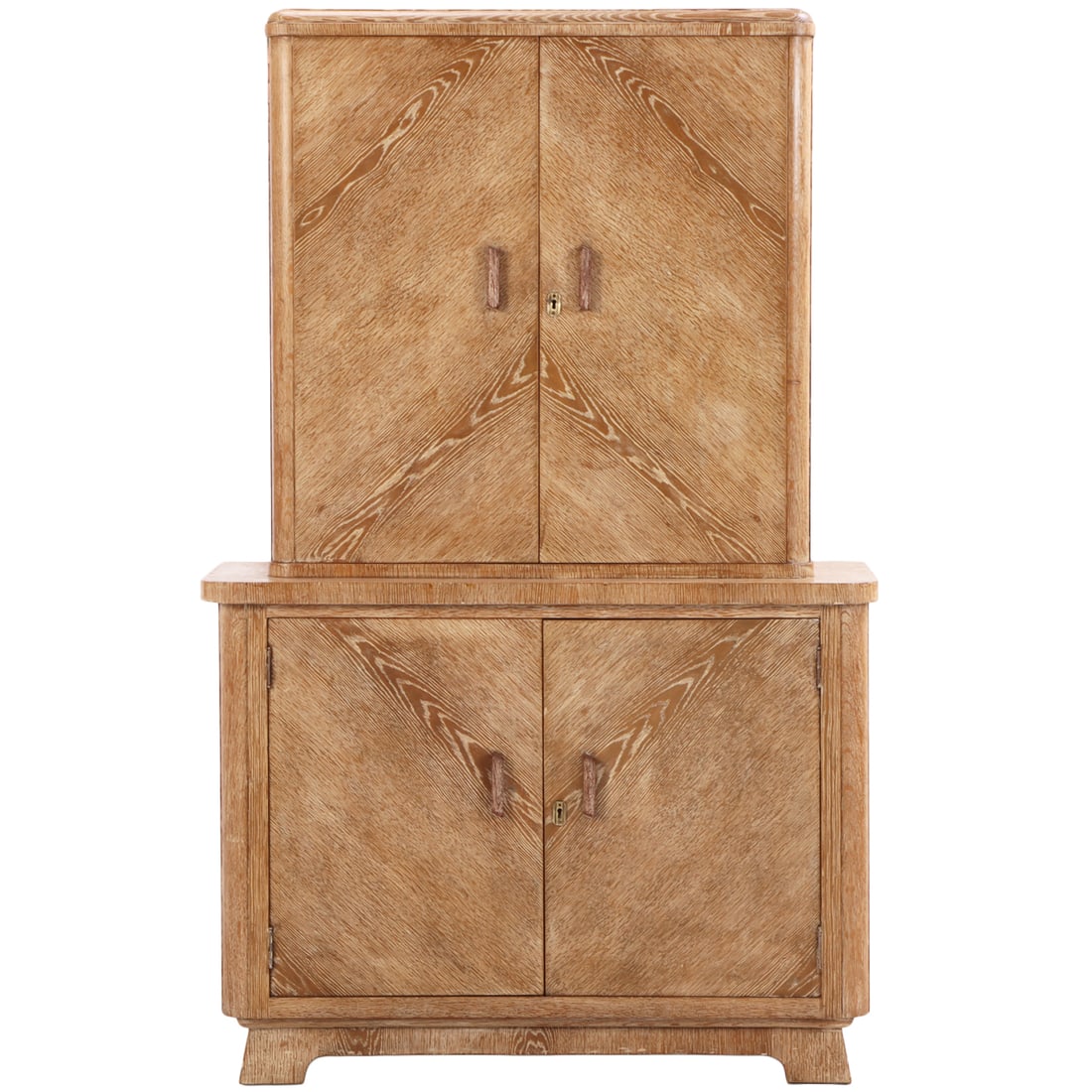 FRENCH CERUSED OAK FOUR DOOR CABINET HAVING INTERESTING BOOKMATCHED VENEERS AND A INTERIOR (1 of 6)