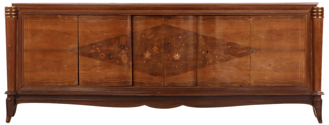 FRENCH ROSEWOOD AND INLAID SIDEBOARD IN THE MANNER OF JULES LELEU C 1950 HAVING SHAPED DOOR PANELS (1 of 11)