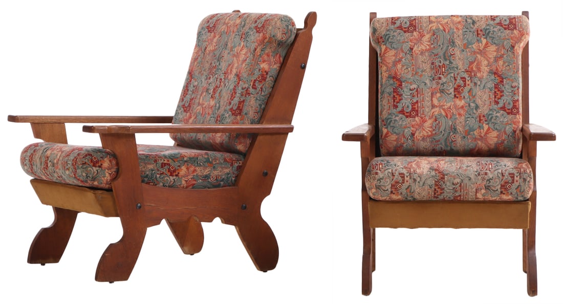 PAIR FRENCH OAK LOUNGE CHAIRS WITH LOOSE CUSHION UPHOLSTERY C 1950. (1 of 5)