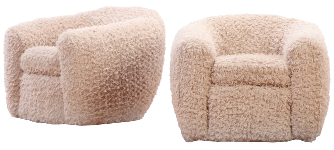 PAIR OF FAUX SHEEP SKIN " POLAR BEAR" CHAIRS IN THE MANNER OF JEAN ROYERE.: Pair of Faux sheep skin " Polar bear" chairs in the manner of Jean Royere. Ht: 31" Wd: 38" Dpth: 38" Seat: 21"