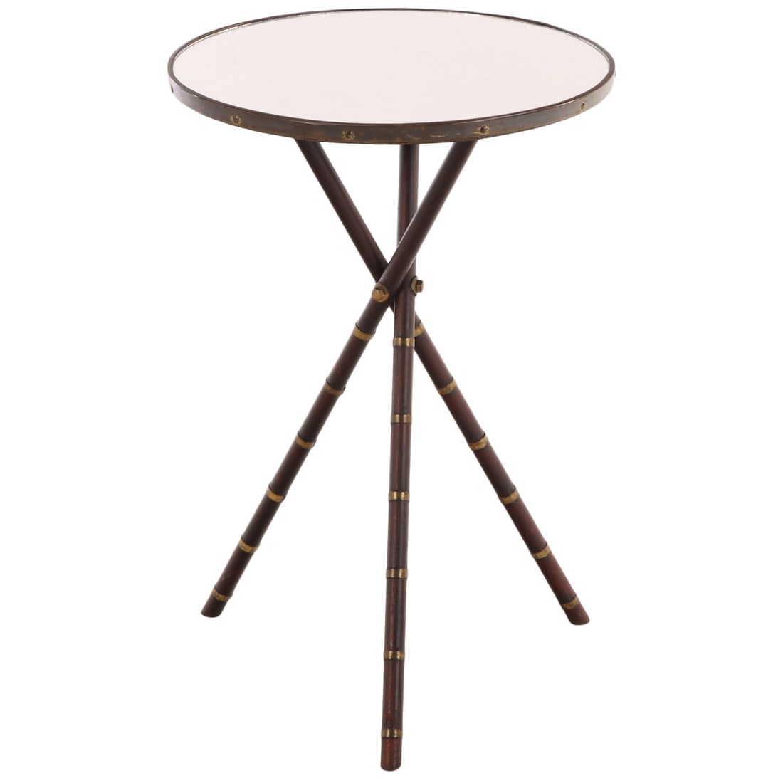 AN ADNET STYLE FAUX BAMBOO PATINATED BRASS AND IRON TABLE HAVING A CIRCULAR MIRRORED TOP CIRCA (1 of 5)