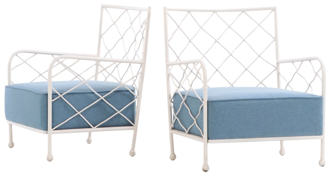 PAIR PAINTED IRON LOUNGE CHAIRS WITH LOOSE CUSHION UPHOLSTERY IN THE MANNER OF JEAN ROYERE. (1 of 5)