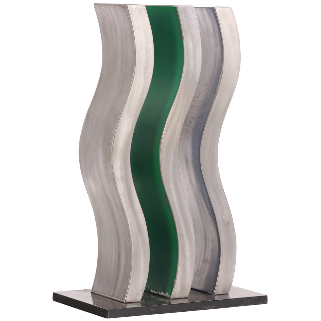 CONTEMPORARY ABSTRACT METAL SCULPTURE, BRUSHED METAL WITH PAINT DECORATION ON MARBLE BASE C 1980 (1 of 6)